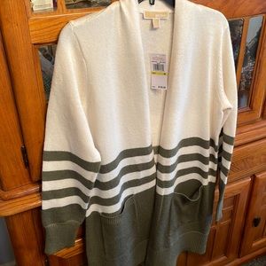 Michael Kors Ivory and Olive Green Striped Open-Front Cardigan
